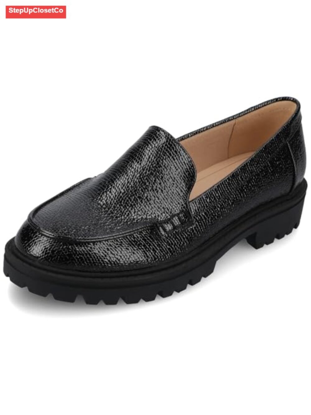 Journee Comfort System Erika Loafer, Almond Toe, Block Heel, Vegan Leather,